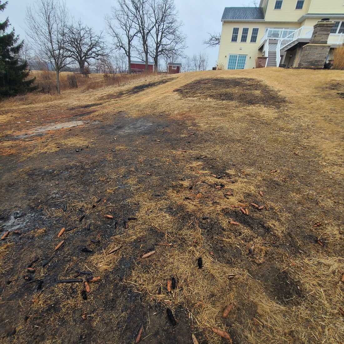 Sloped backyard with dead and damaged turf before lawn restoration work