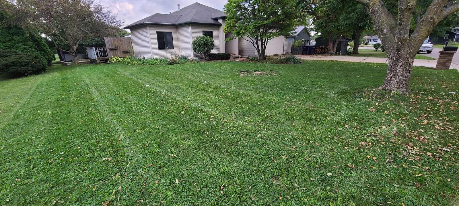 Freshly mowed corner-lot lawn with mowing stripes in front of a single-story home
